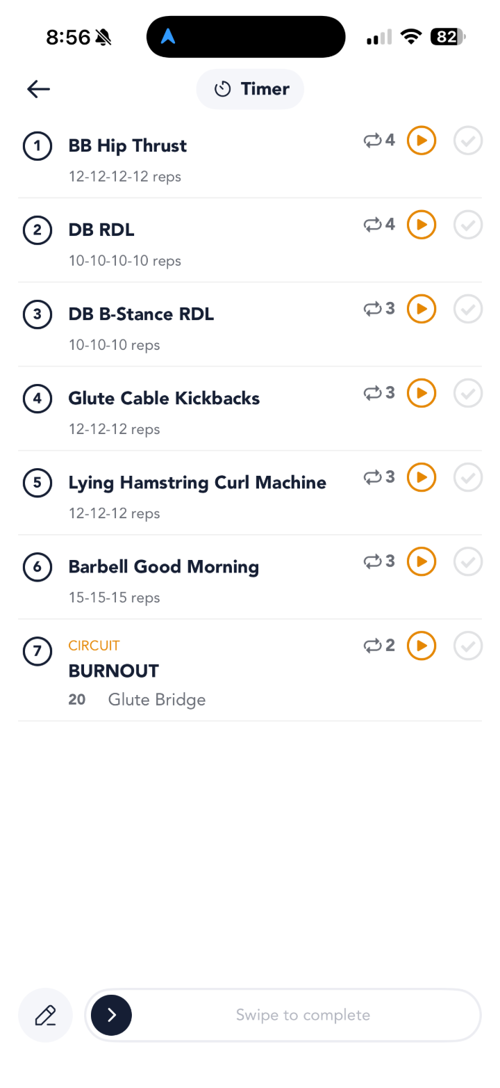 WorthFit app — workout detail with sets and reps