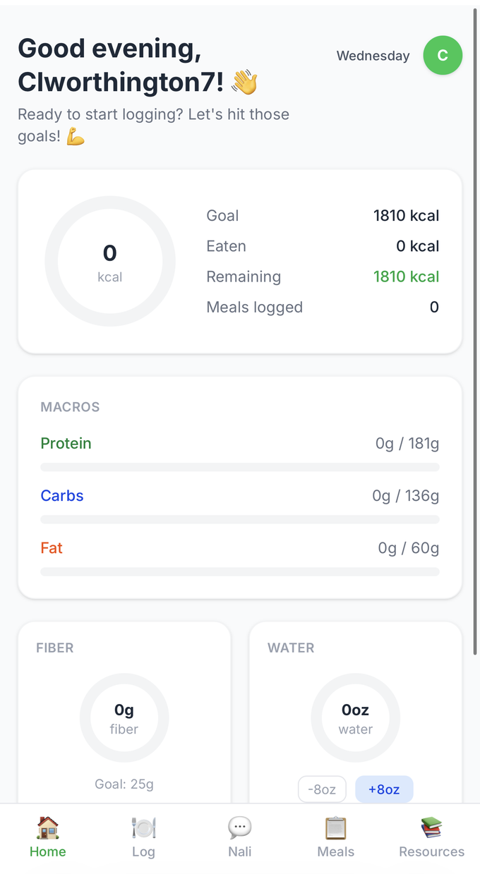 The Nutrition by Nali app — daily calories, macros, and water tracking